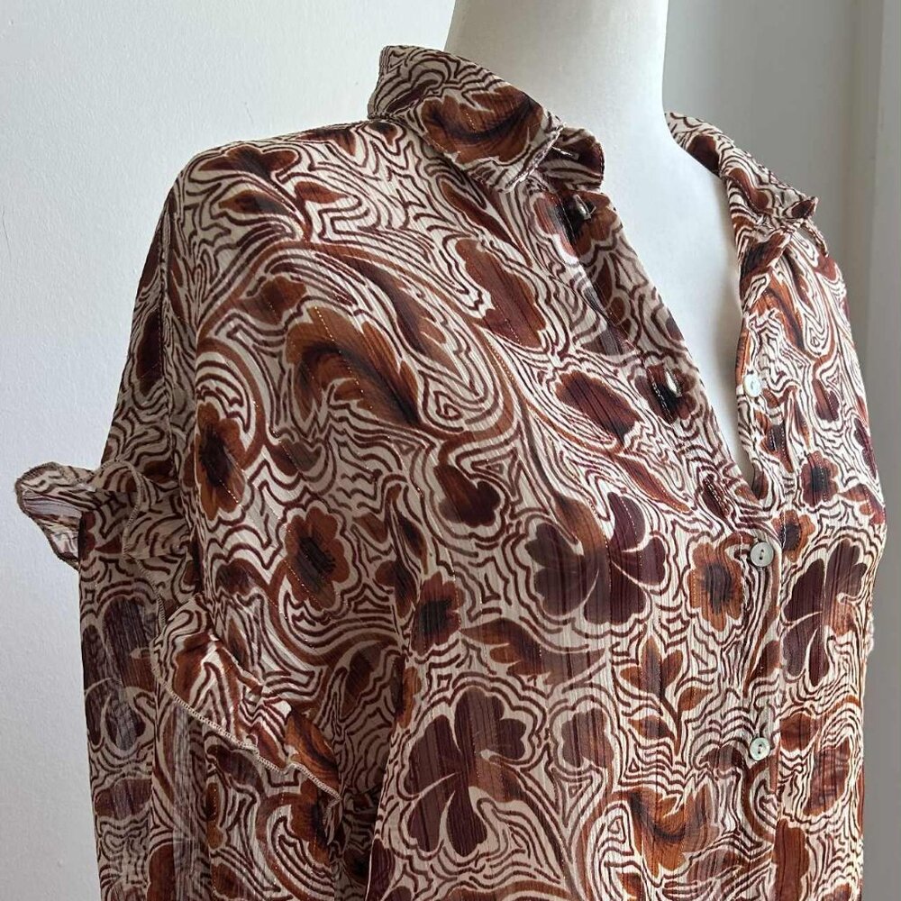 Esqualo Sheer Metallic Floral Blouse with Gold Thread Detail – EU 38 / US 8
